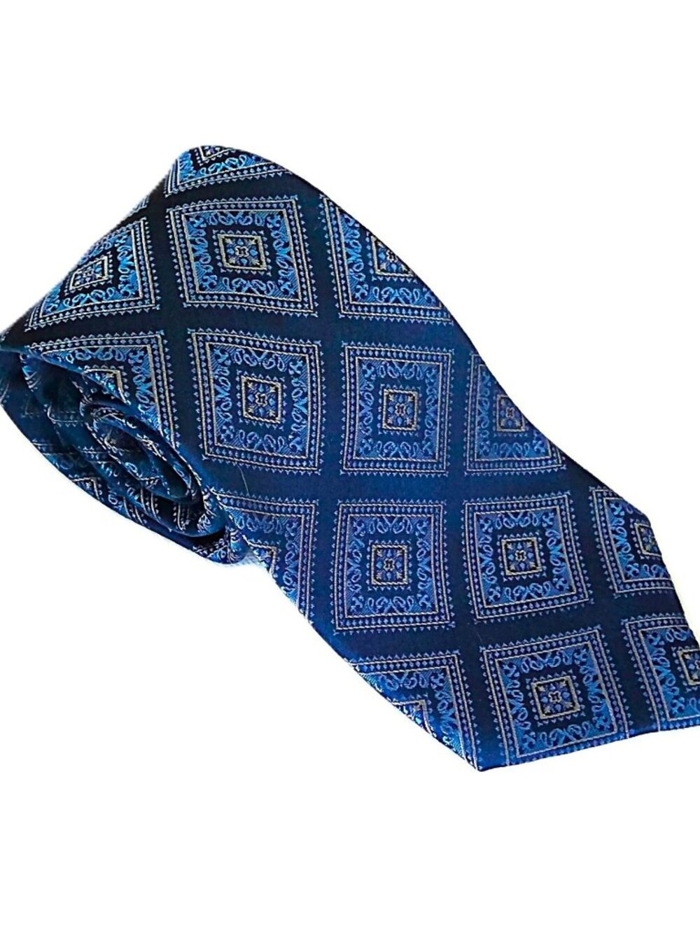 Jos A Bank RESERVE Men's Neck Tie Blues & Silver Jaquard Squares Print 100% Silk